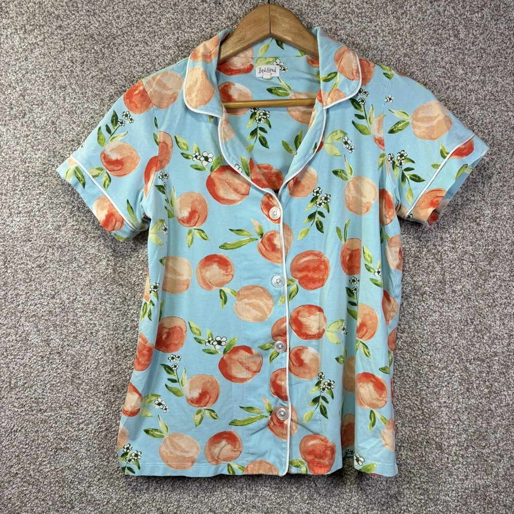 BedHead Pajamas Womens Small Blue Peach Print Button Front Collared Sleep Shirt